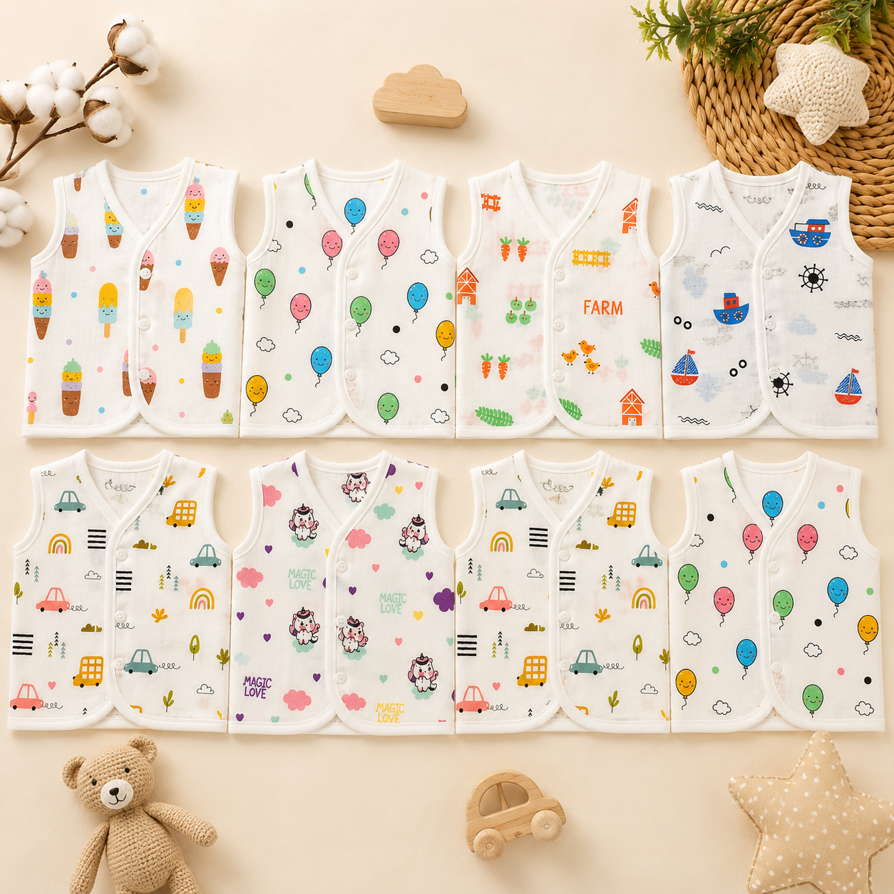 🌈 Cute Baby Jabla Set Pack of 6 👶 Soft Cotton Sleeveless Vest
