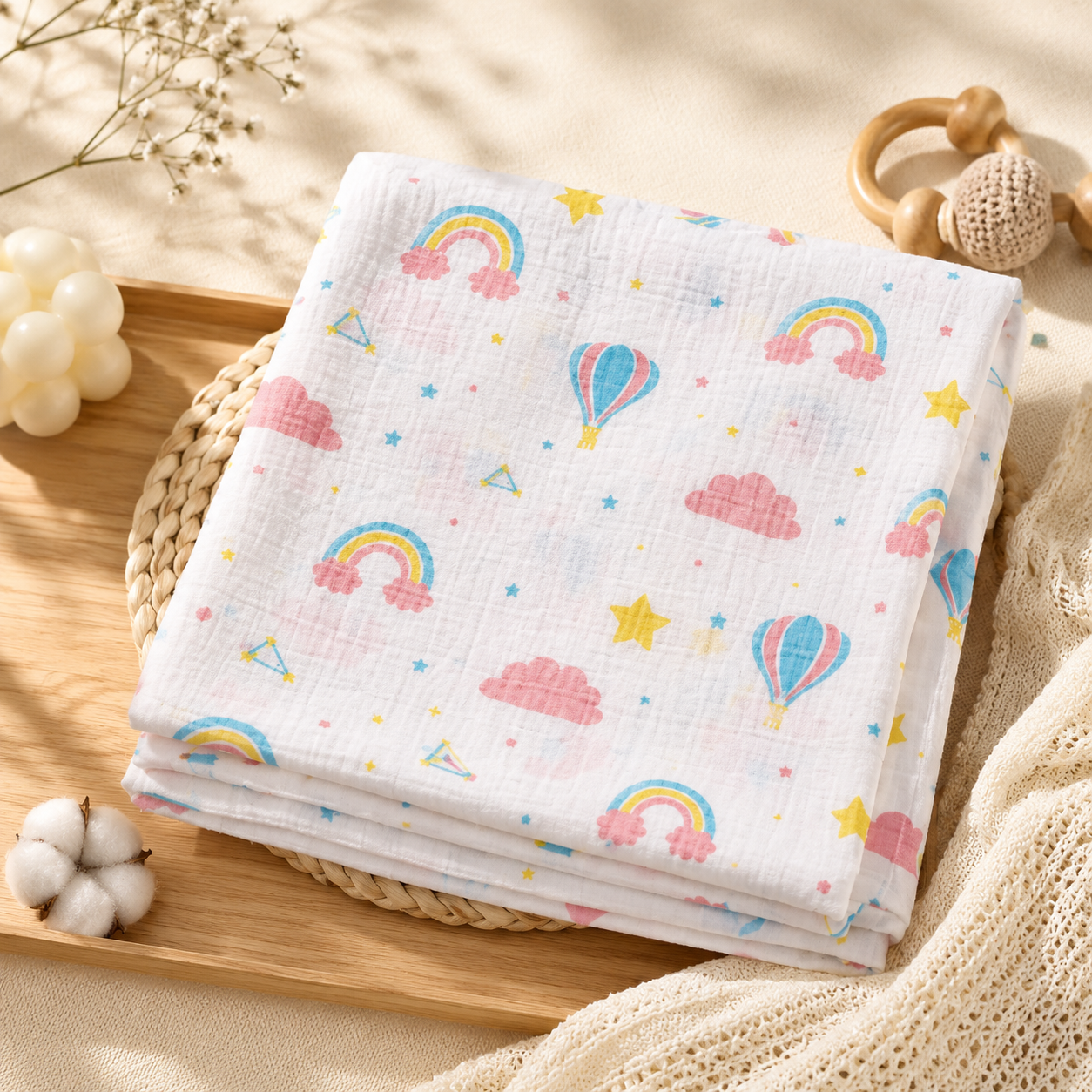 🍼 Rainbow Print Muslin Baby Towel 🌈 Soft Cotton Bath Wrap