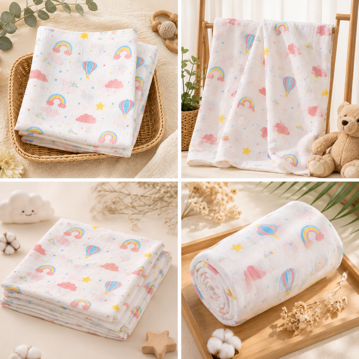 🍼 Rainbow Print Muslin Baby Towel 🌈 Soft Cotton Bath Wrap