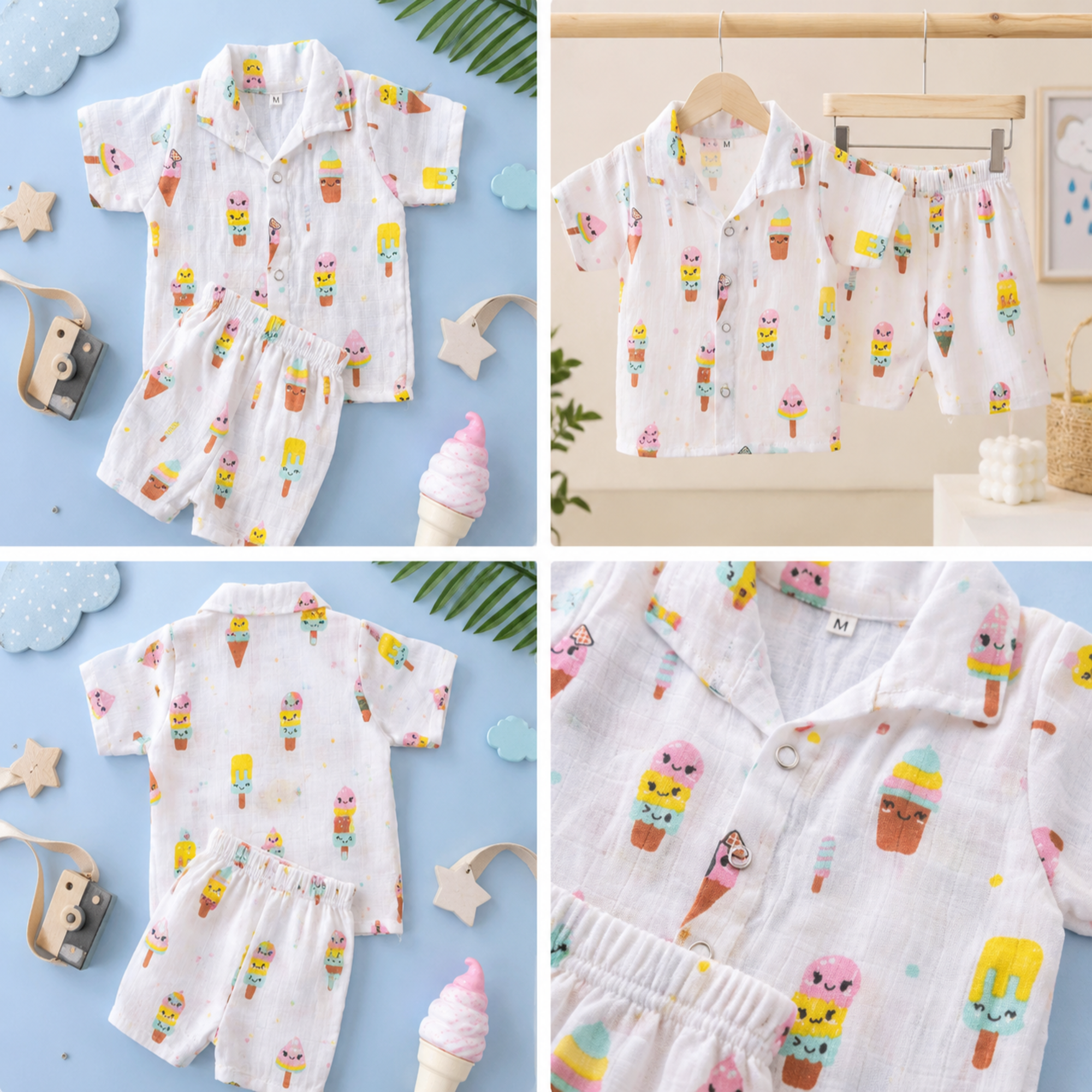 🌈 Premium Muslin Cotton Baby Co-ord Set – Ice Cream Print