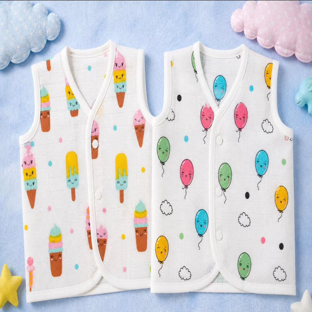🎈 Sweet Pop Muslin Baby Vest Combo – Pack of 2