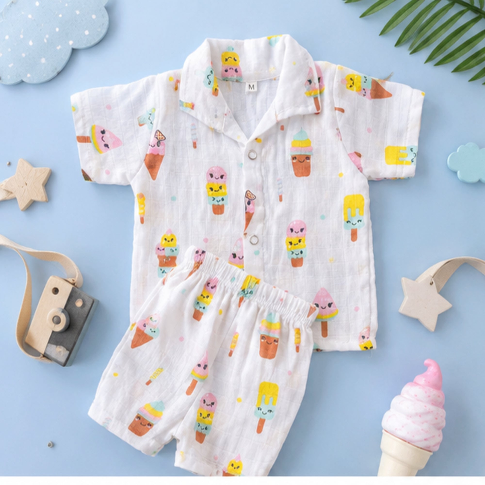 🌈 Premium Muslin Cotton Baby Co-ord Set – Ice Cream Print