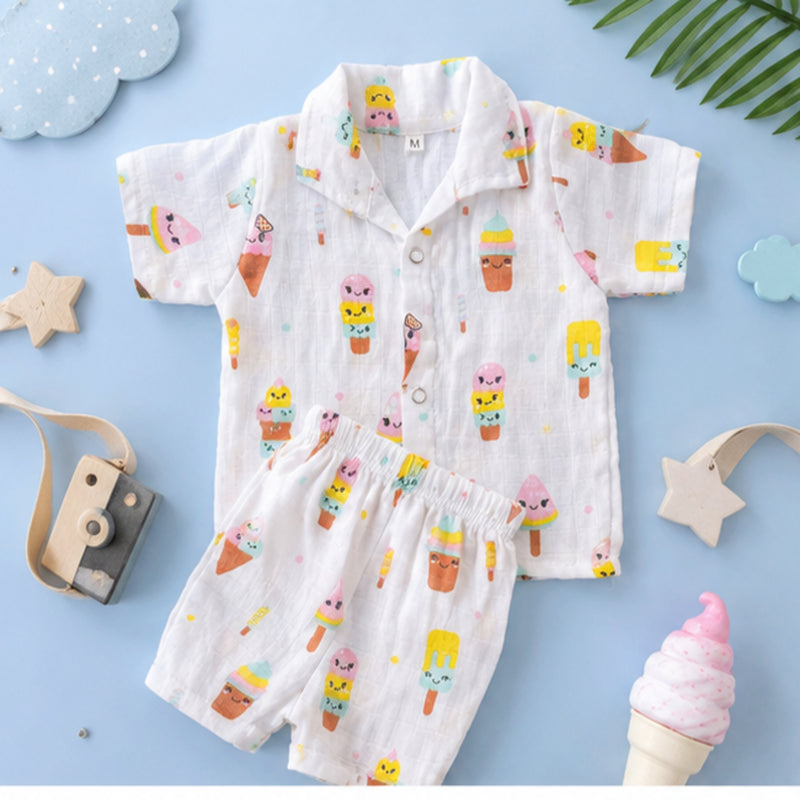 🌈 Premium Muslin Cotton Baby Co-ord Set – Ice Cream Print