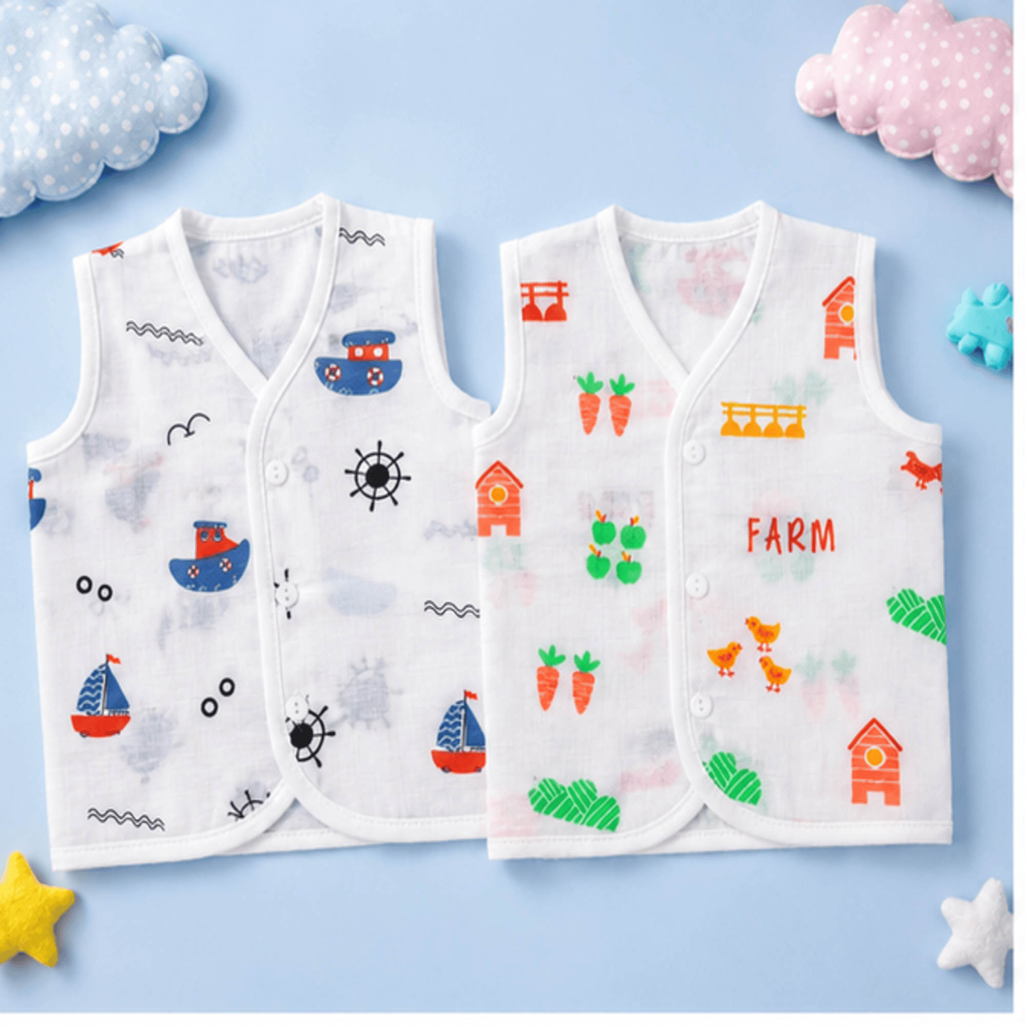 🌿 Farm & Sailor Muslin Baby Vest Combo – Pack of 2